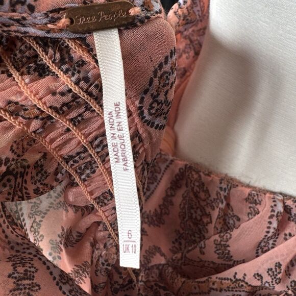 Free People Mirage Long Sleeve Maxi Dress Peach Pink Paisley Size 6 Boho Hippie - Picture 10 of 13